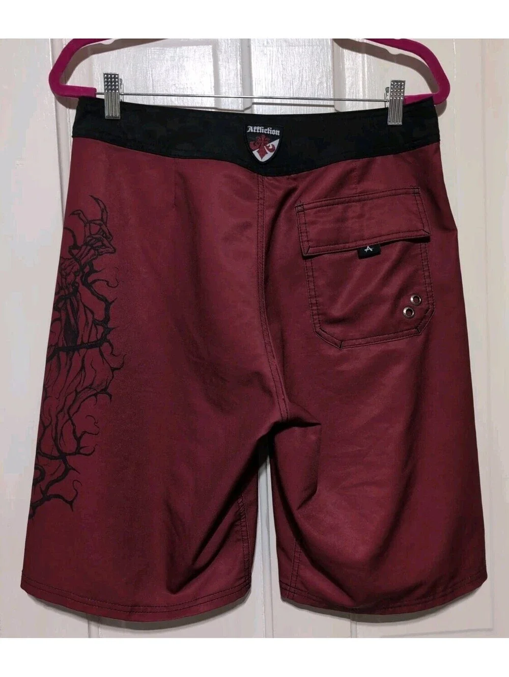 Affliction Board Shorts Skeleton Cross Skull Swim Trunks Red Men's 32(1598)F